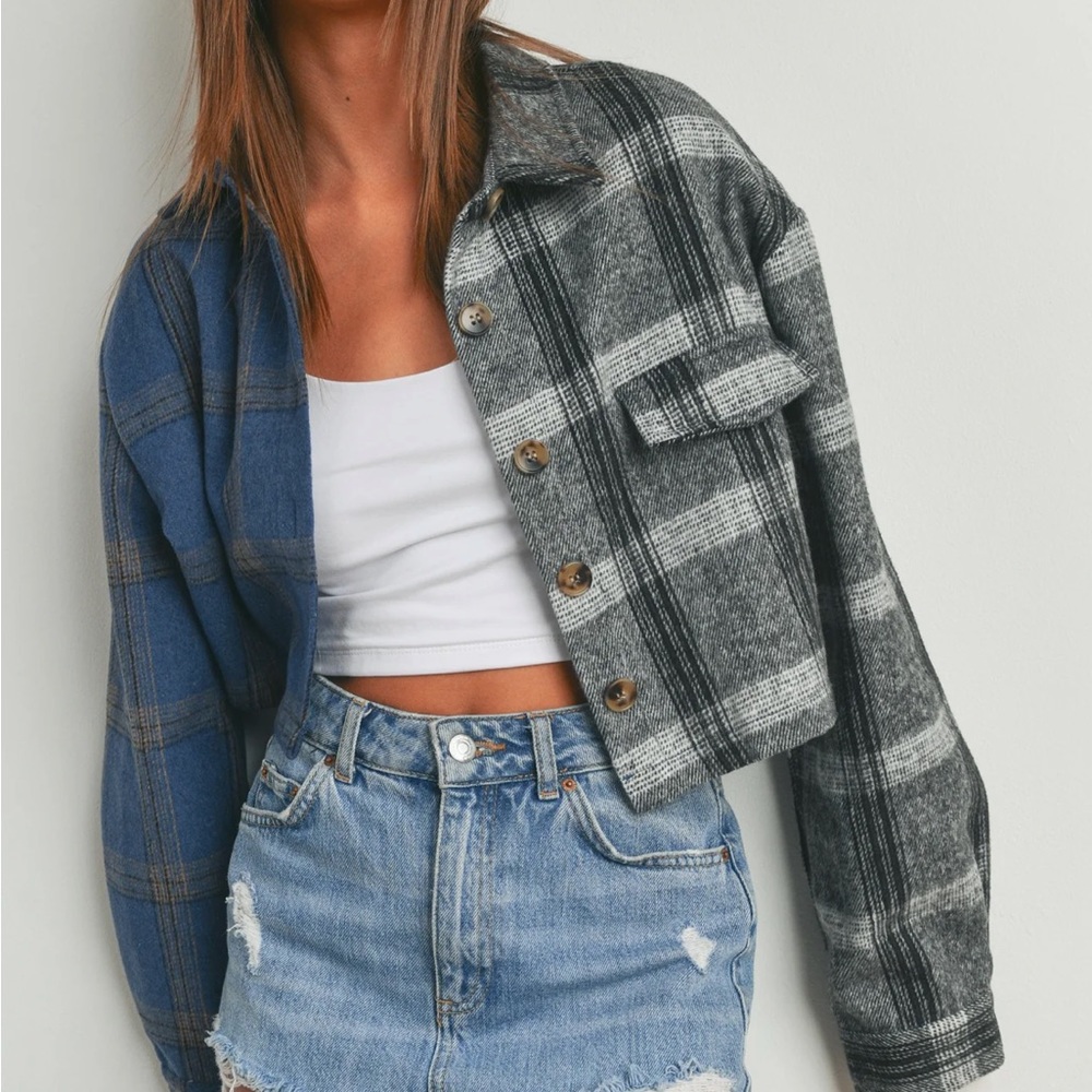 NWT URBAN OUTFITTERS BUTTER MELON BOXY PLAID FLANNEL CROP JACKET SHIRT M